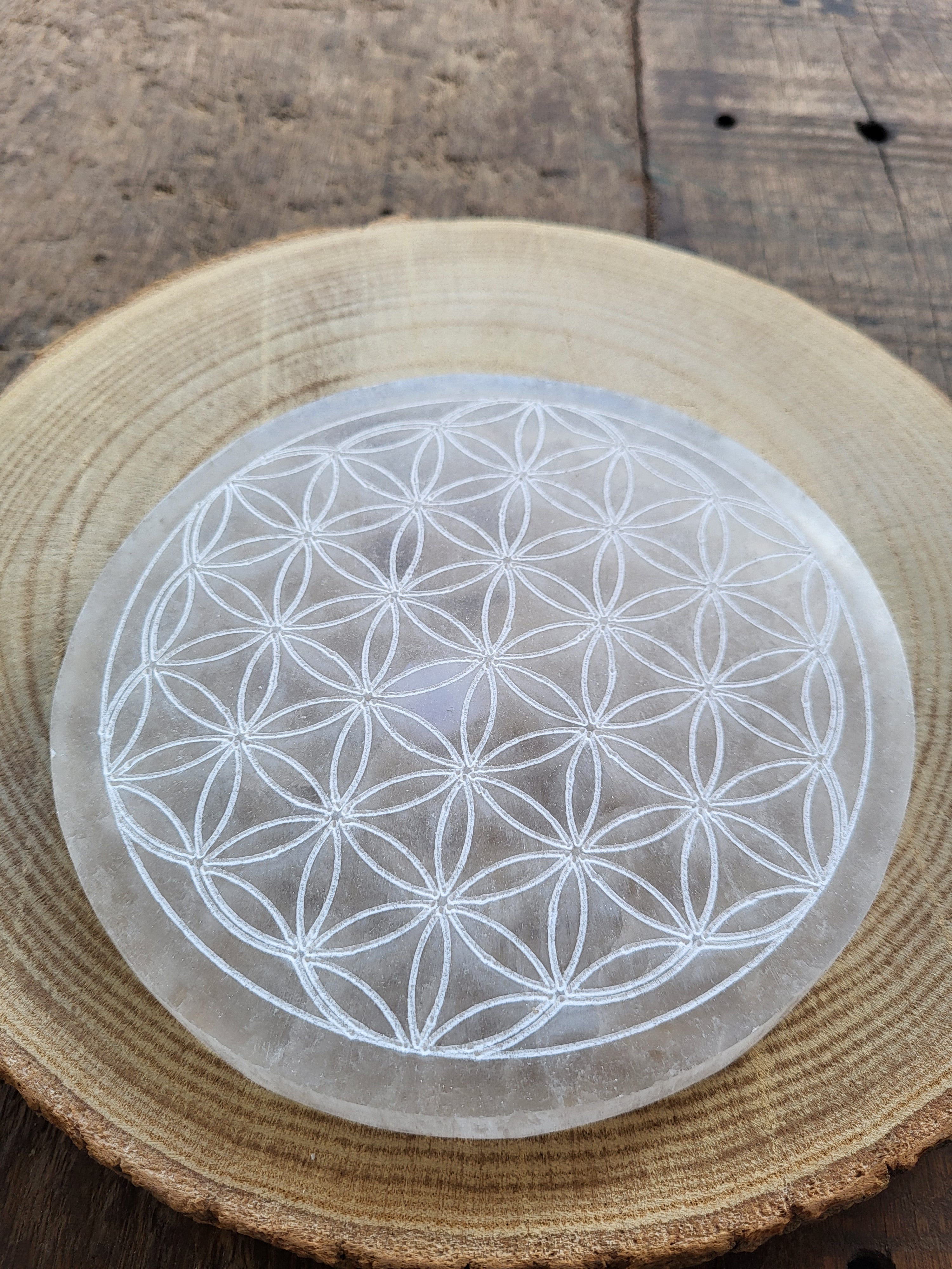 Placa de Selenita Redonda Flor de la Vida