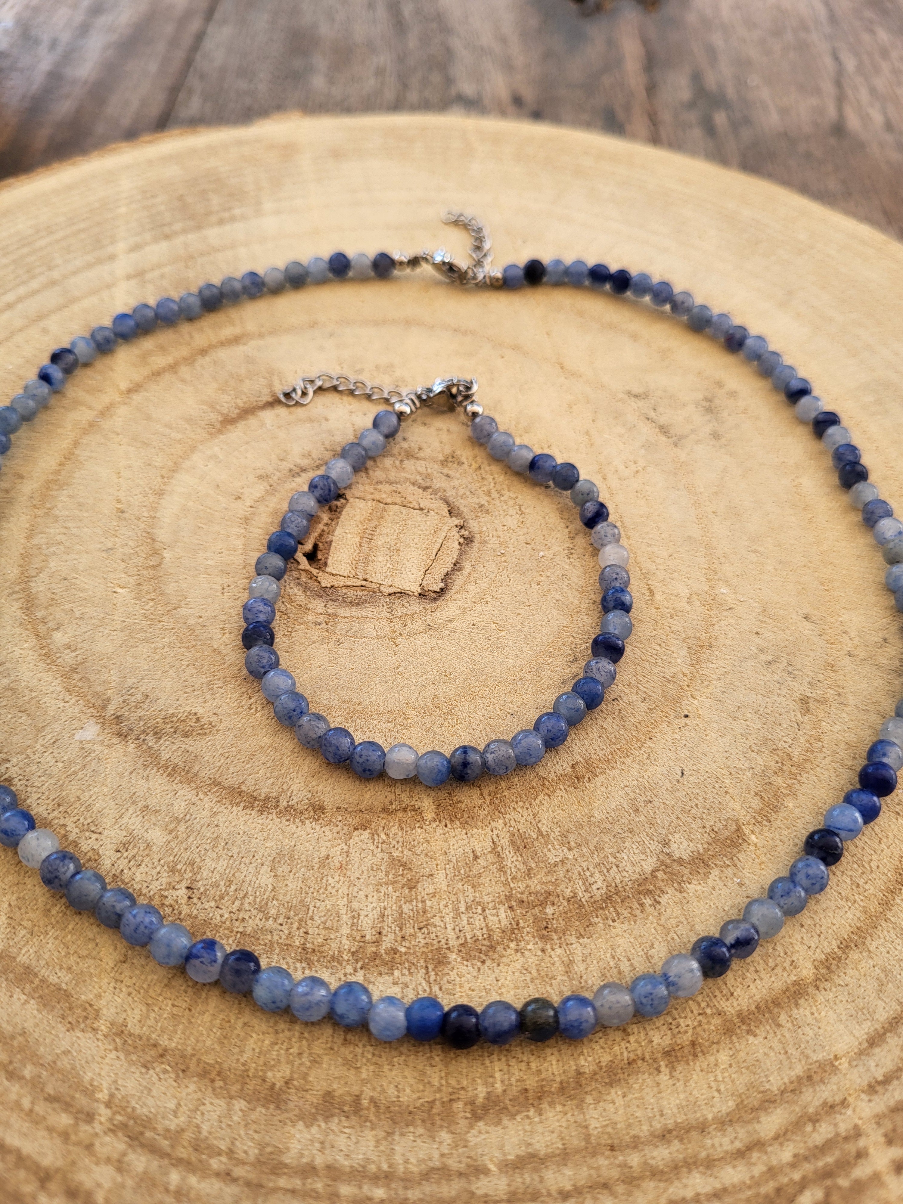 Conjunto de Gargantilla y Pulsera de Cuarzo Azul Bola 4mm
