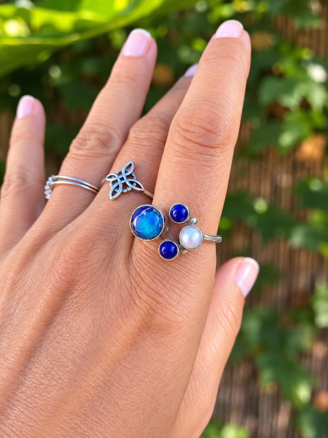Anillo ajustable de Plata de Ley 925 con Turquesa, Lapislázuli y Perla